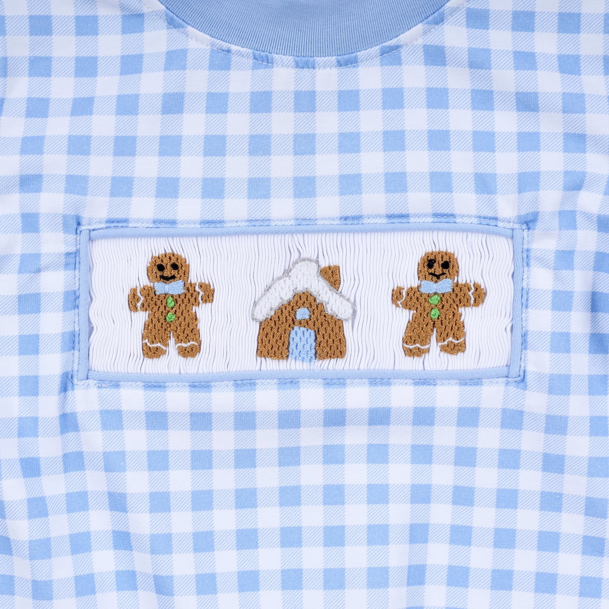 Blue gingerbread hand smocked gingham romper - Abbies Place