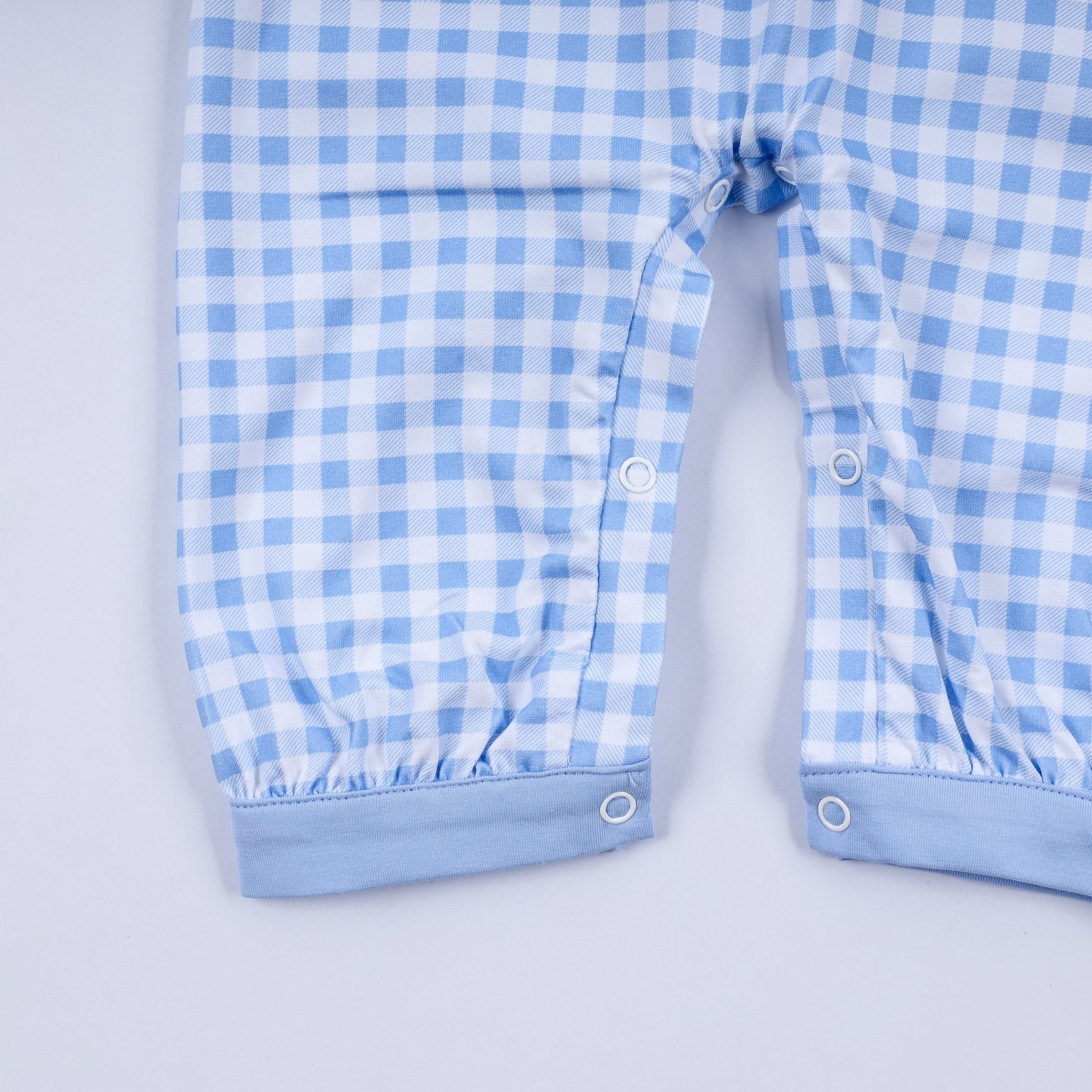 Blue gingerbread hand smocked gingham romper - Abbies Place