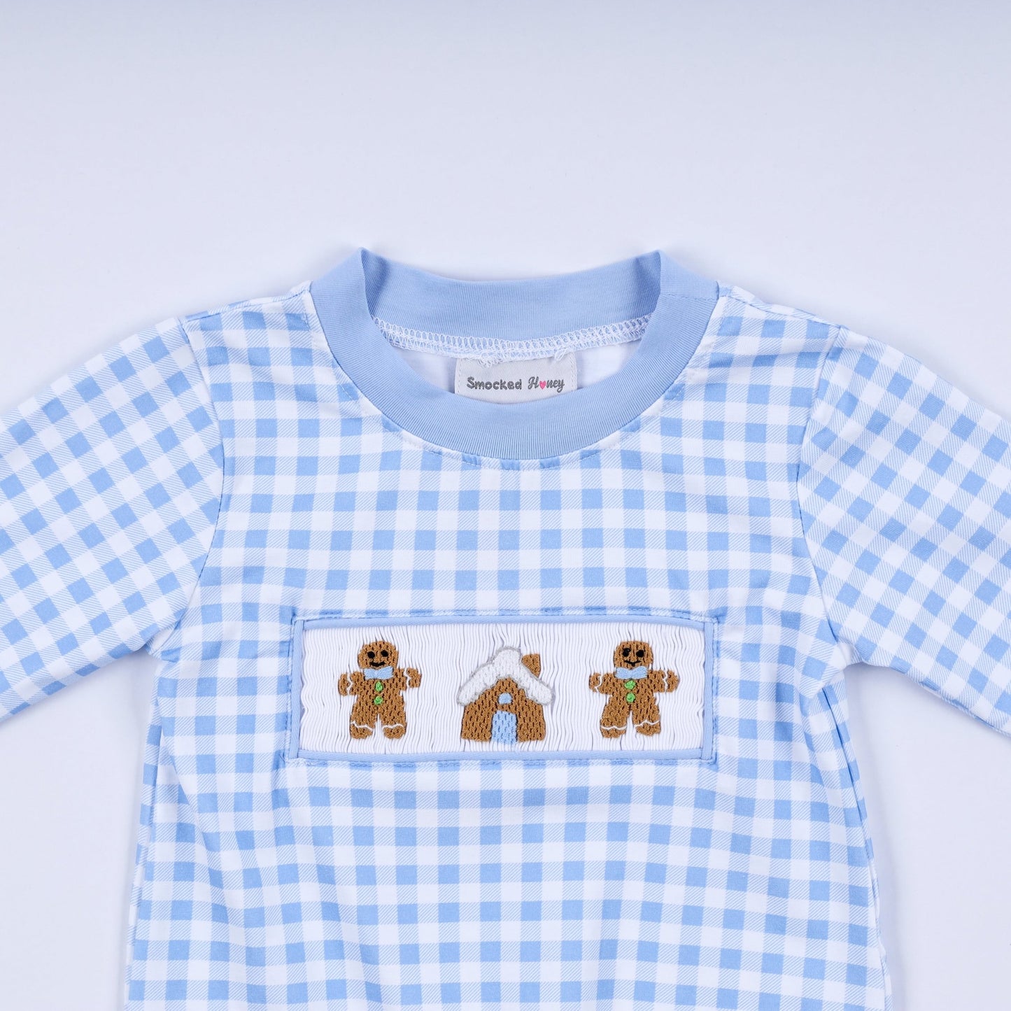 Blue gingerbread hand smocked gingham romper - Abbies Place