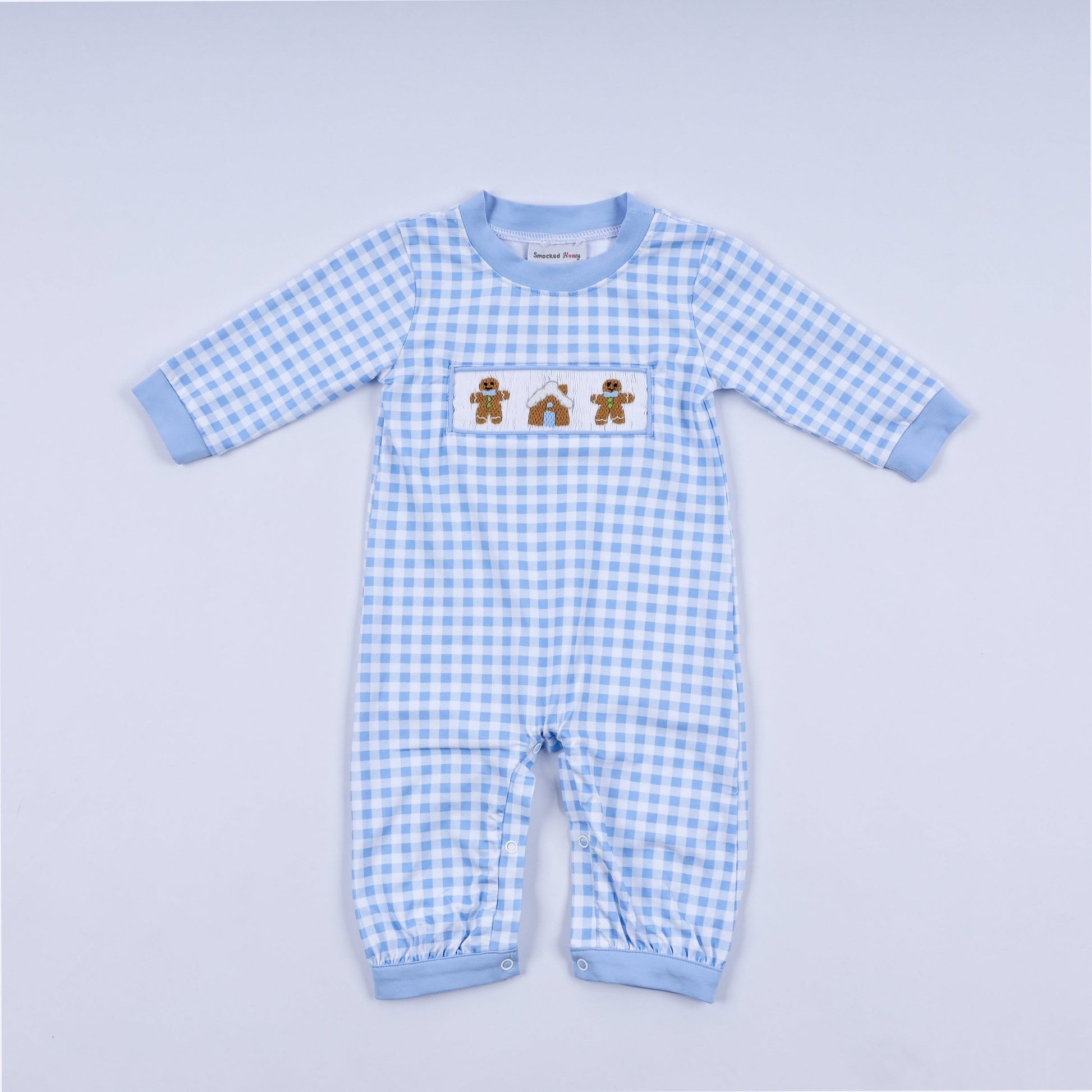 Blue gingerbread hand smocked gingham romper - Abbies Place