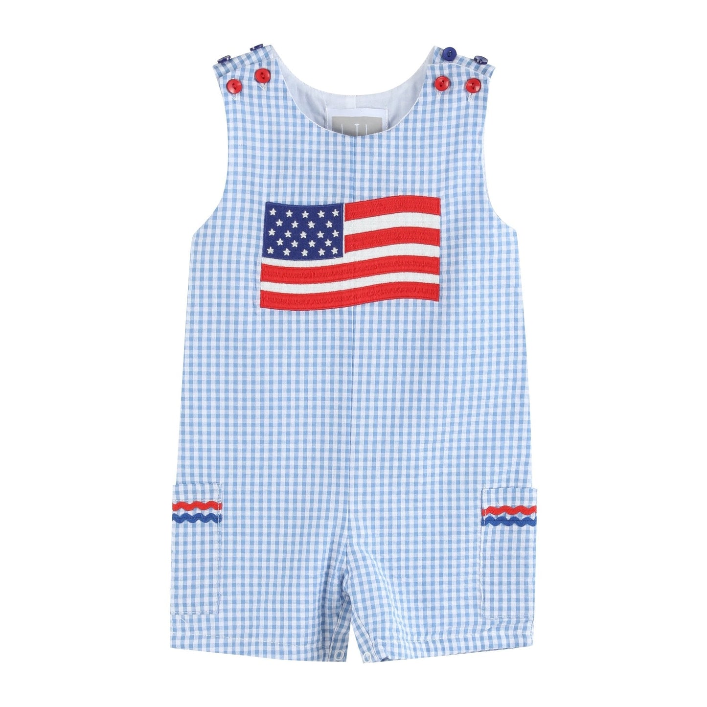 Blue Gingham American Flag Pocket Shortalls - Abbies Place