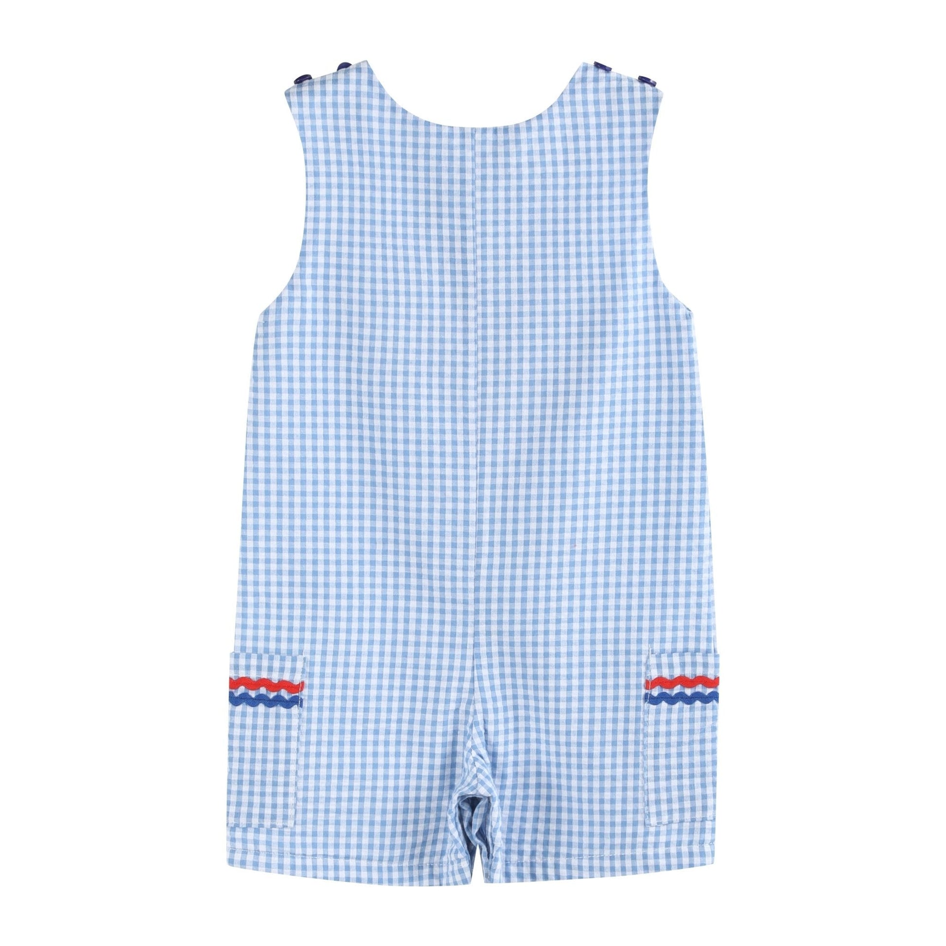 Blue Gingham American Flag Pocket Shortalls - Abbies Place