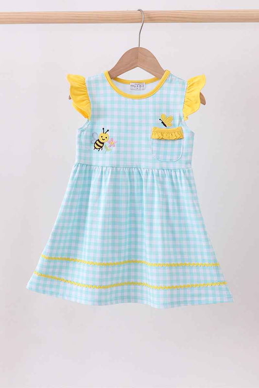 Blue gingham butterfly & bee pocket flutter dress - Abbies Place