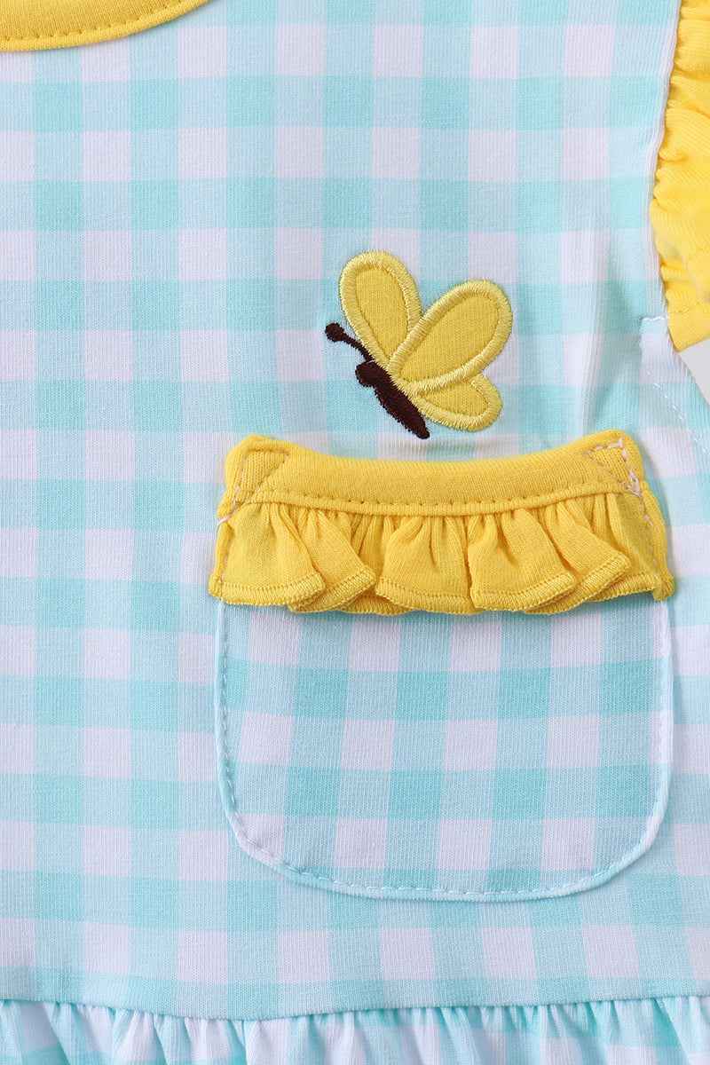Blue gingham butterfly & bee pocket flutter dress - Abbies Place