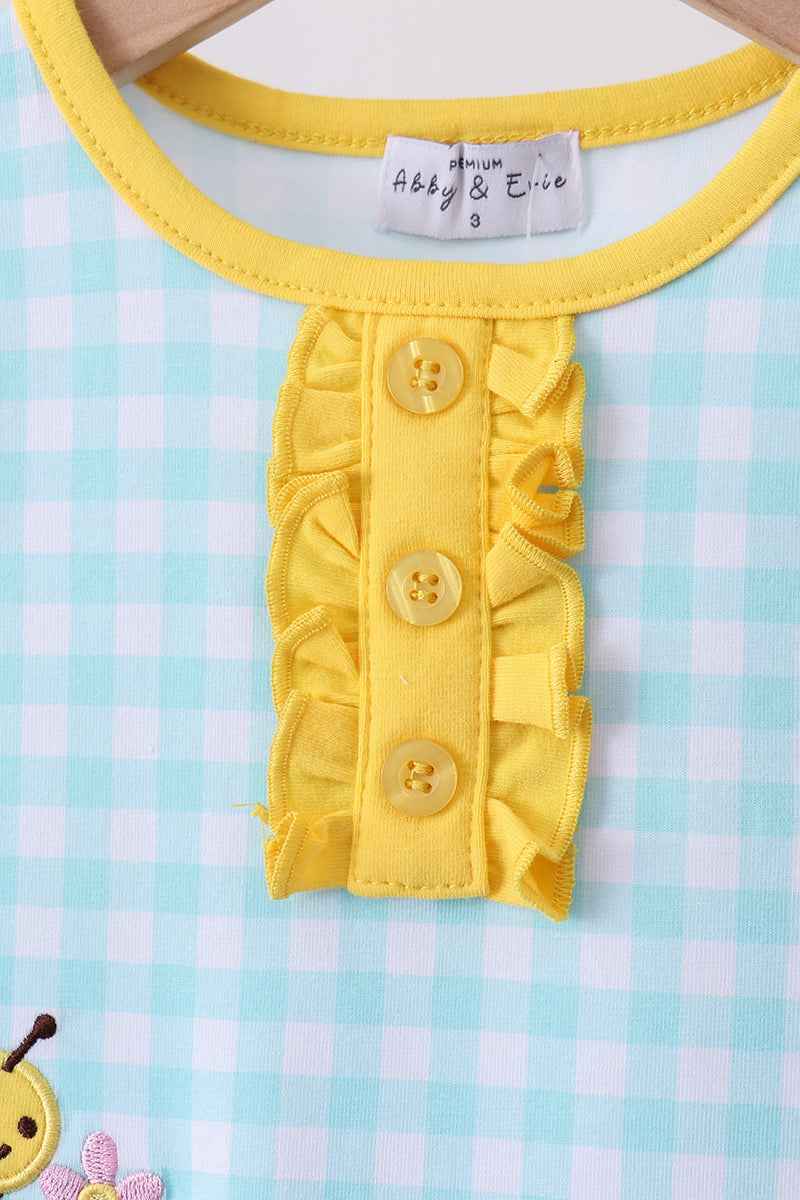 Blue gingham butterfly & bee pocket ruffle shorts set - Abbies Place