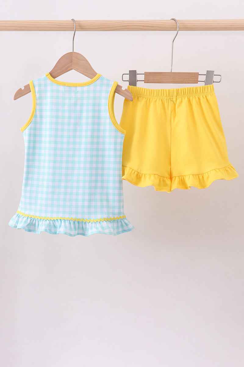 Blue gingham butterfly & bee pocket ruffle shorts set - Abbies Place