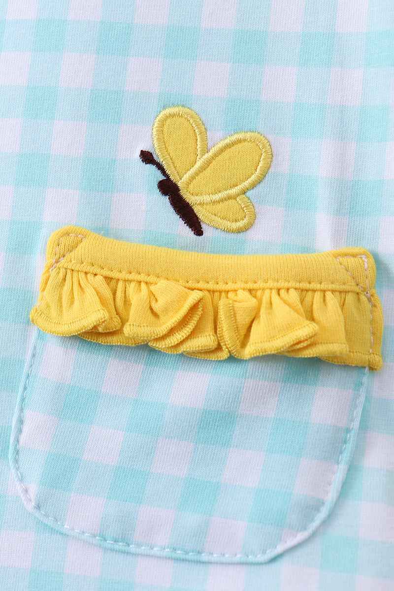 Blue gingham butterfly & bee pocket ruffle shorts set - Abbies Place