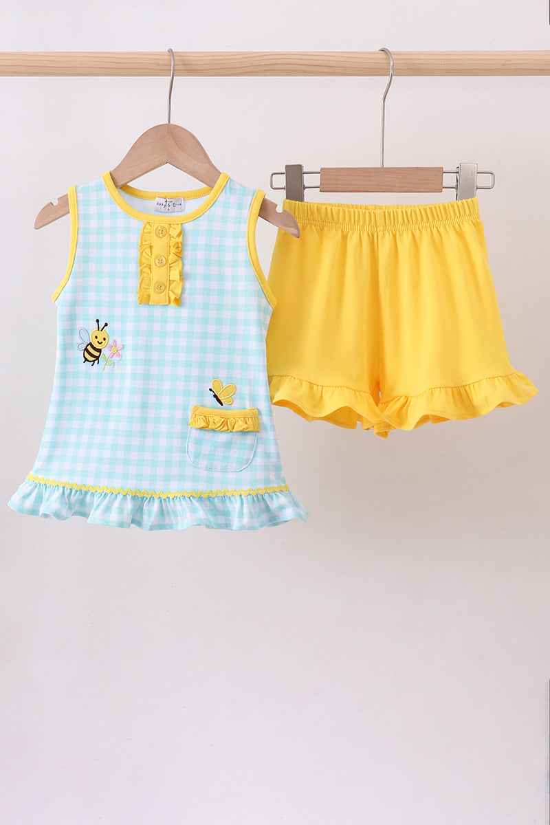 Blue gingham butterfly & bee pocket ruffle shorts set - Abbies Place
