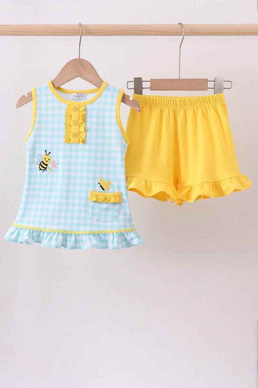 Blue gingham butterfly & bee pocket ruffle shorts set - Abbies Place