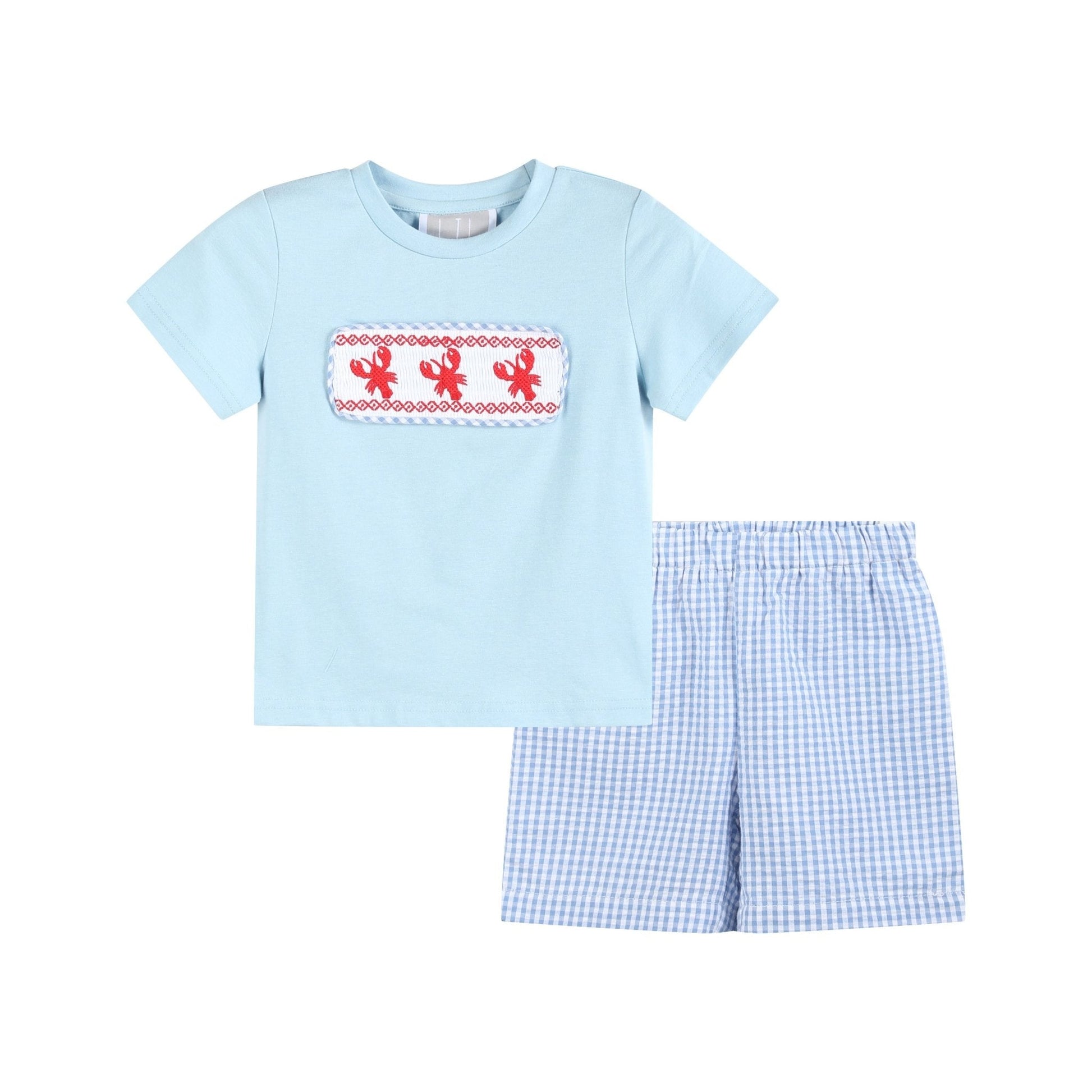 Blue Gingham Crawfish Smocked Shirt and Shorts Set - Abbies Place