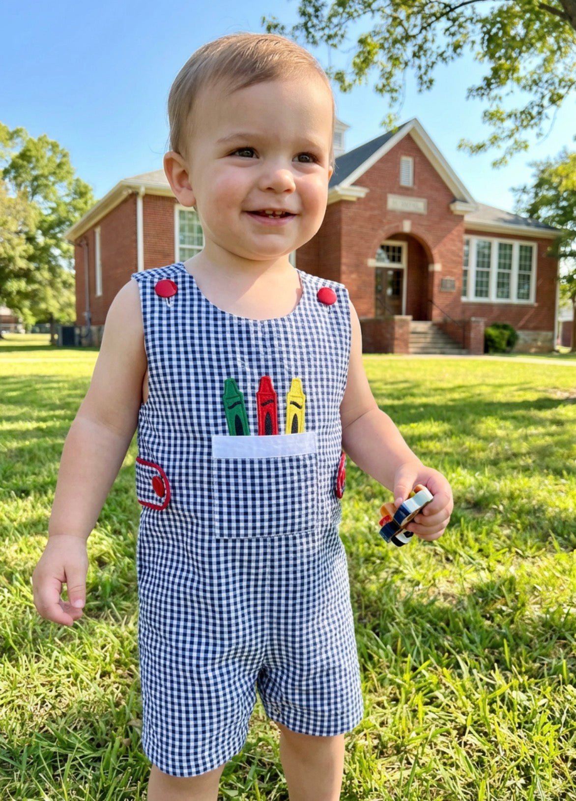 Blue Gingham Crayon Shortalls - Abbies Place