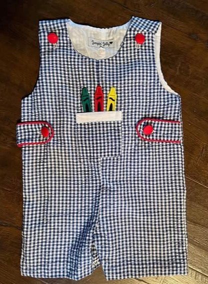 Blue Gingham Crayon Shortalls - Abbies Place