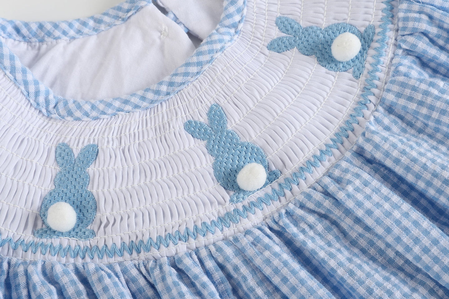 Blue Gingham Easter Bunny Smocked Bishop Dress - Abbies Place