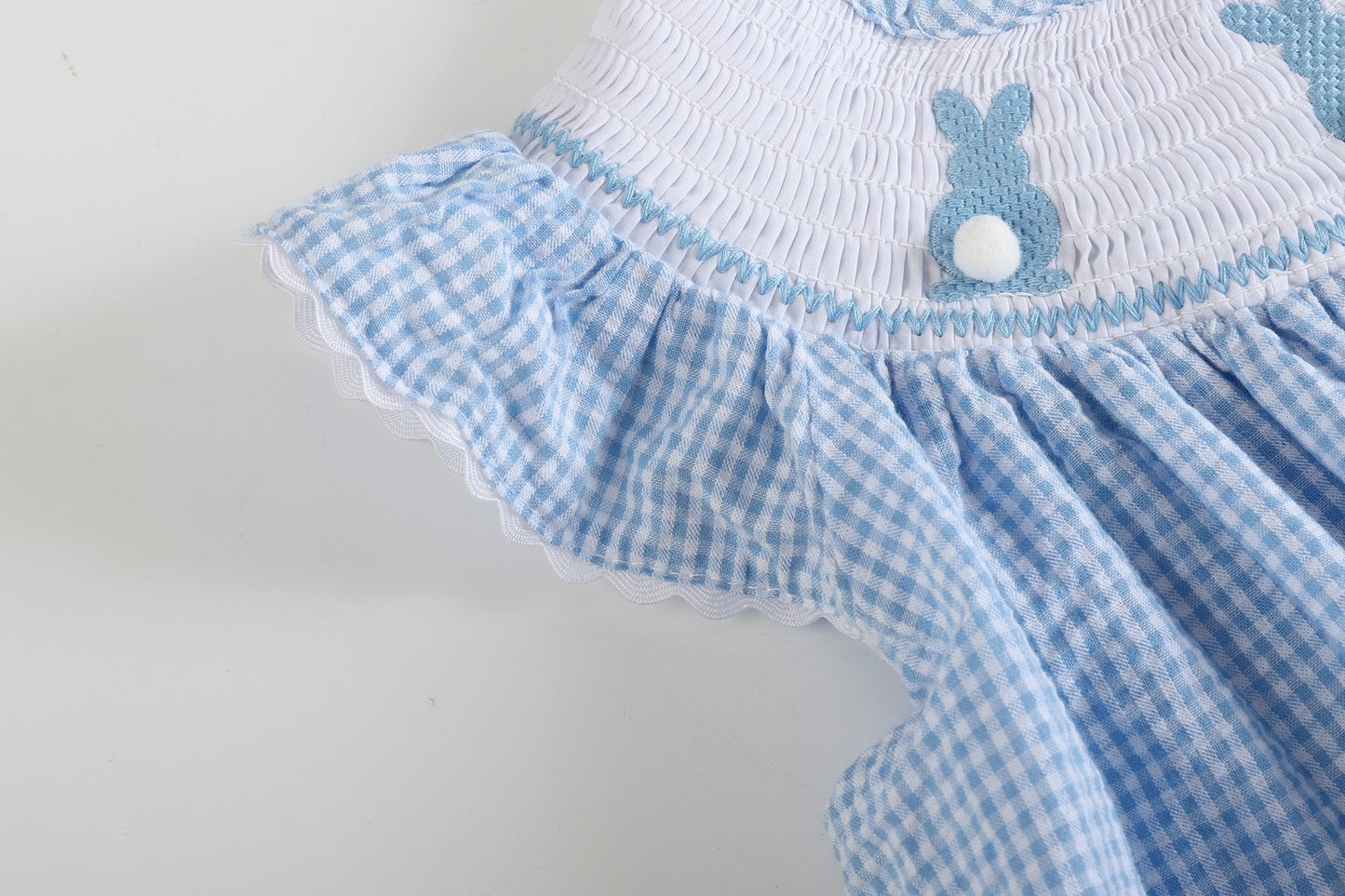 Blue Gingham Easter Bunny Smocked Bishop Dress - Abbies Place