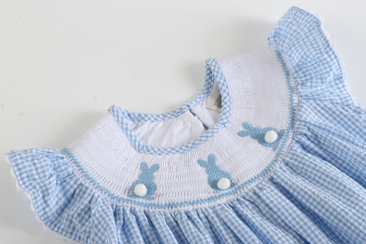 Blue Gingham Easter Bunny Smocked Bishop Dress - Abbies Place