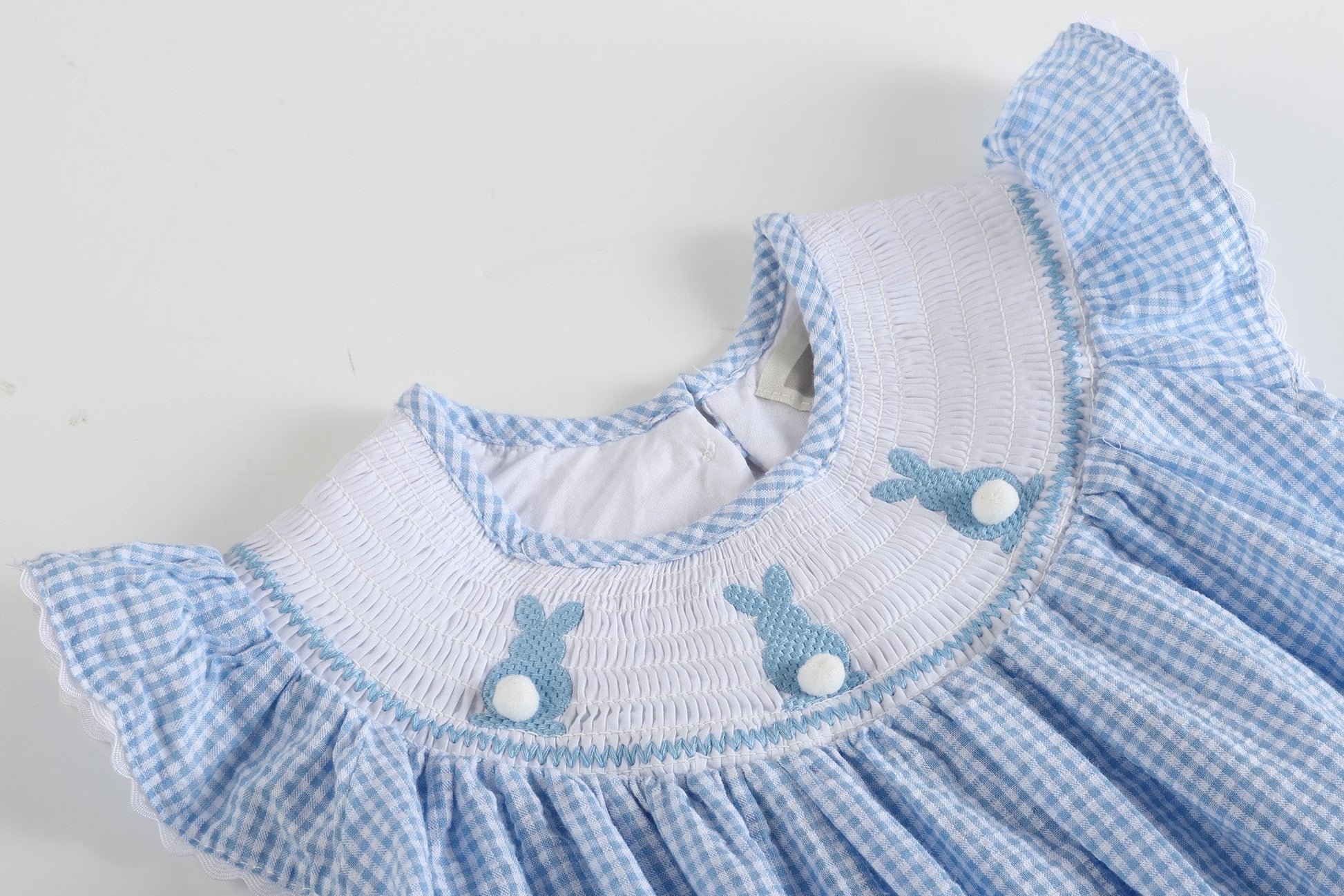 Blue Gingham Easter Bunny Smocked Bishop Dress - Abbies Place