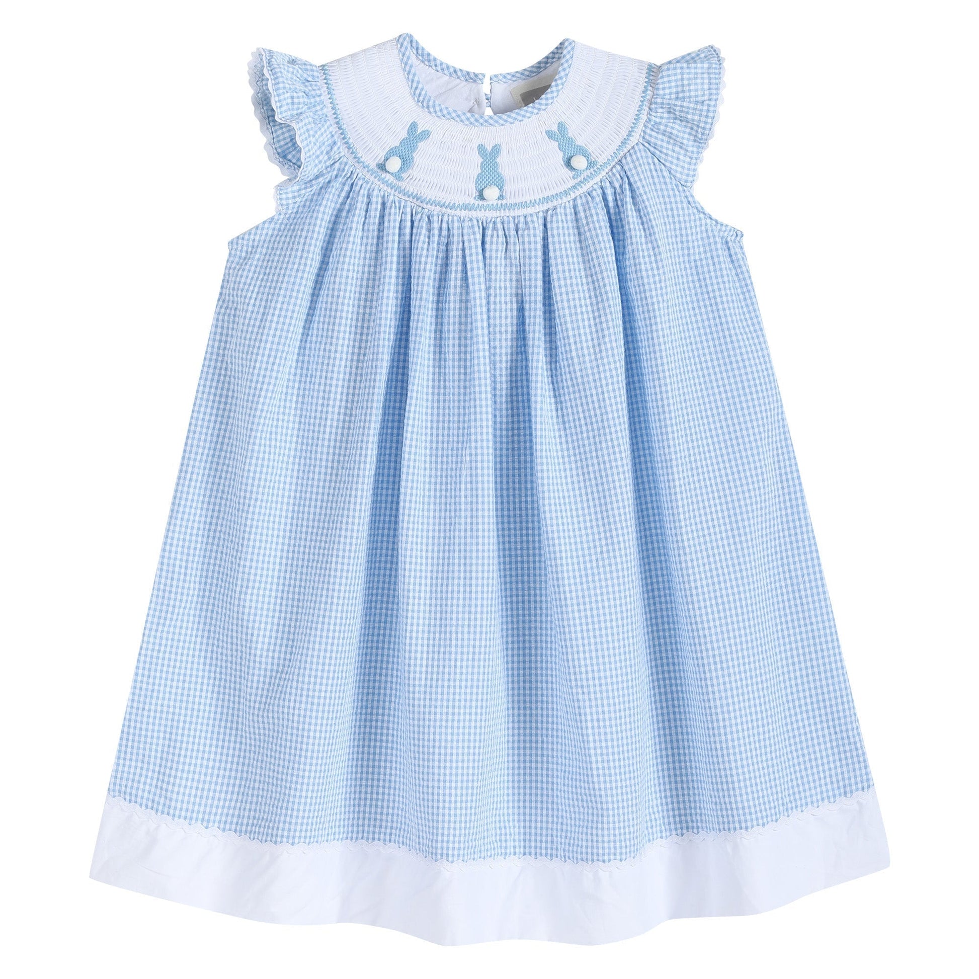Blue Gingham Easter Bunny Smocked Bishop Dress - Abbies Place