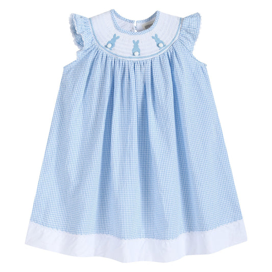 Blue Gingham Easter Bunny Smocked Bishop Dress - Abbies Place