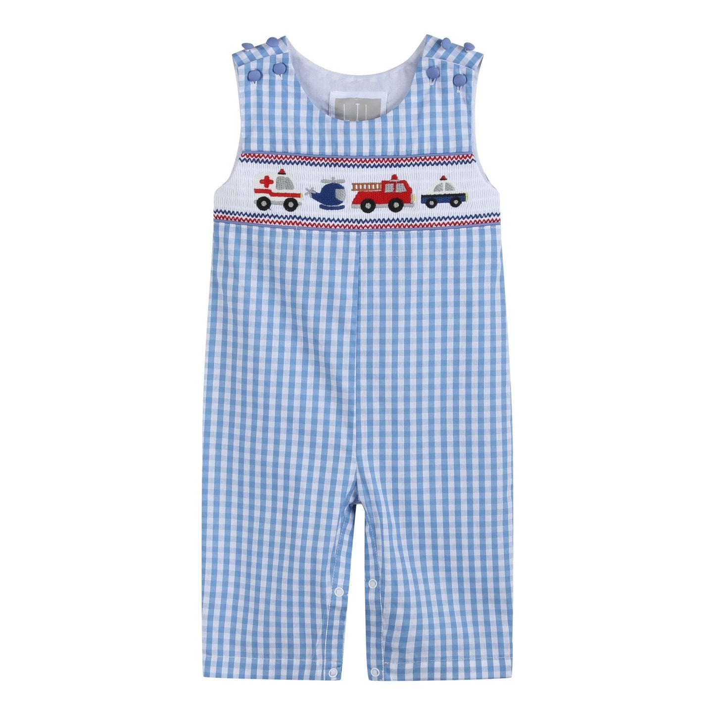 Blue Gingham Emergency Vehicles Smocked Overalls - Abbies Place