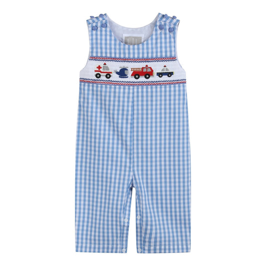 Blue Gingham Emergency Vehicles Smocked Overalls - Abbies Place