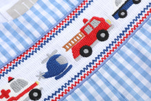 Load image into Gallery viewer, Blue Gingham Emergency Vehicles Smocked Overalls
