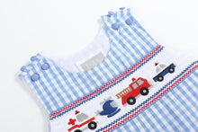 Load image into Gallery viewer, Blue Gingham Emergency Vehicles Smocked Overalls
