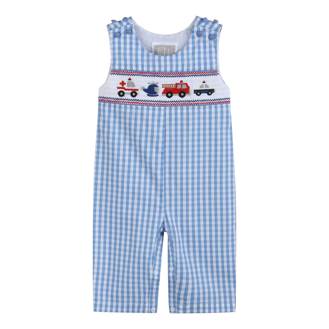 Blue Gingham Emergency Vehicles Smocked Overalls
