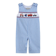Blue Gingham Emergency Vehicles Smocked Overalls