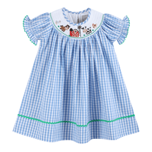 Load image into Gallery viewer, Blue Gingham Farm Smocked Bishop Dress
