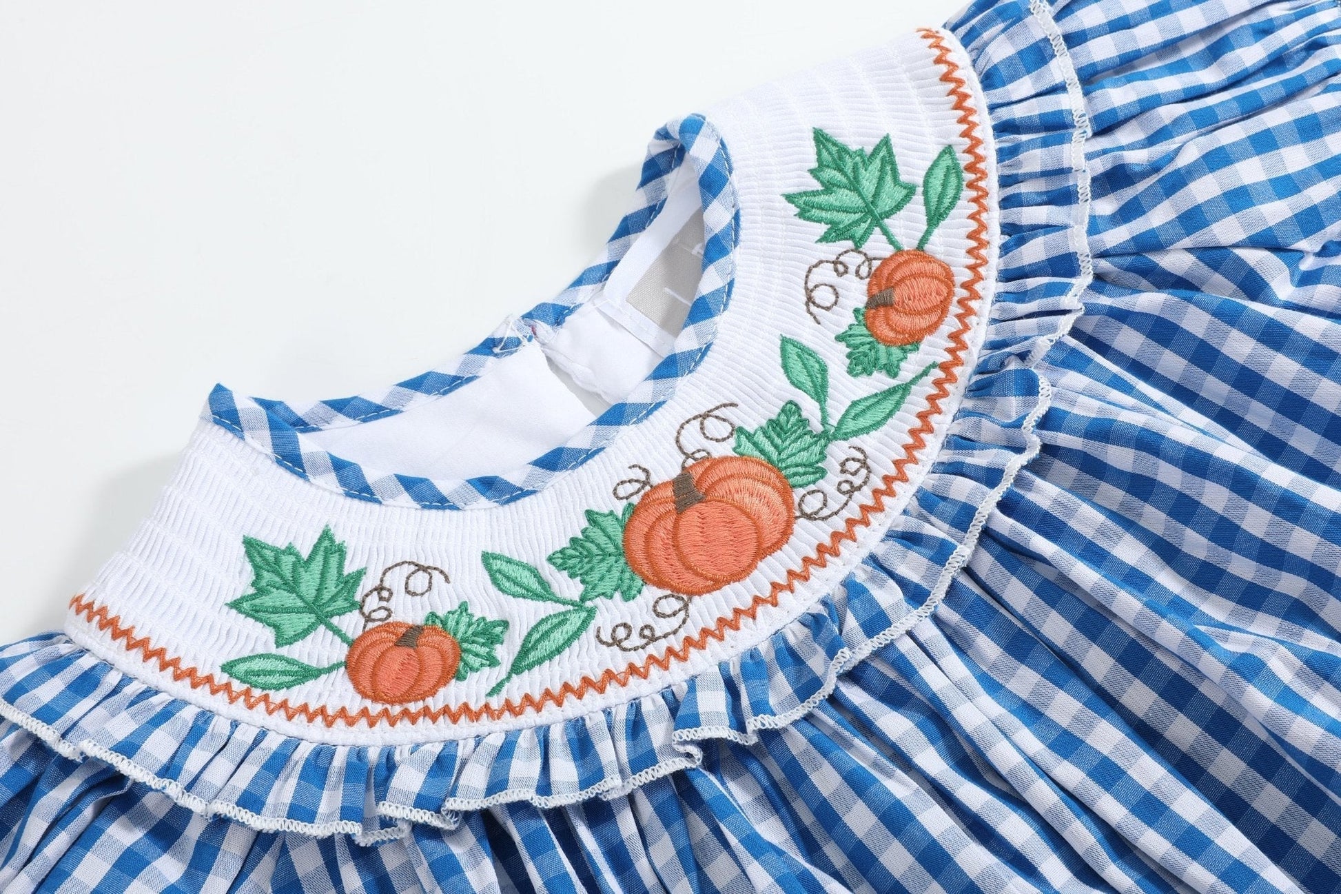 Blue Gingham Pumpkin Smocked Ruffle Bishop Dress - Abbies Place