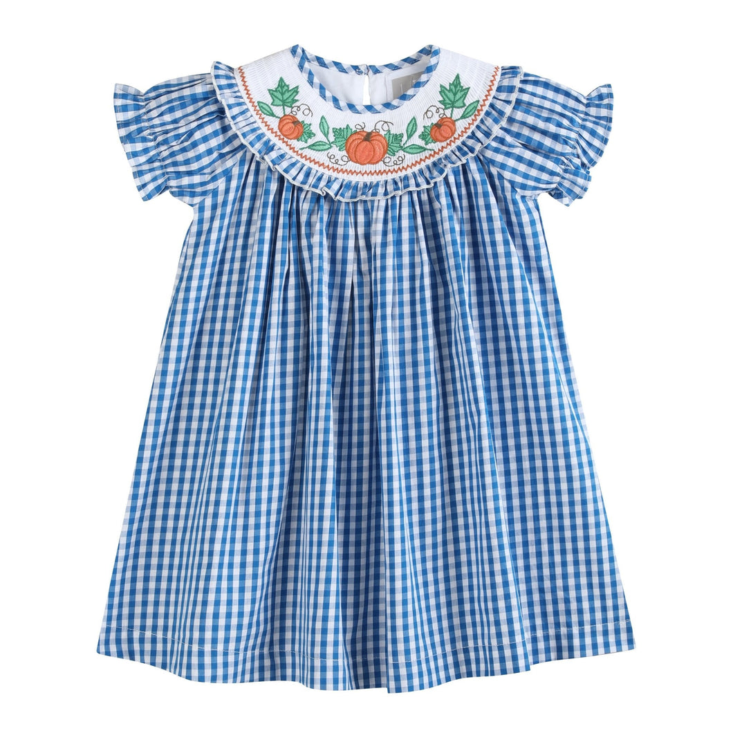 Blue Gingham Pumpkin Smocked Ruffle Bishop Dress