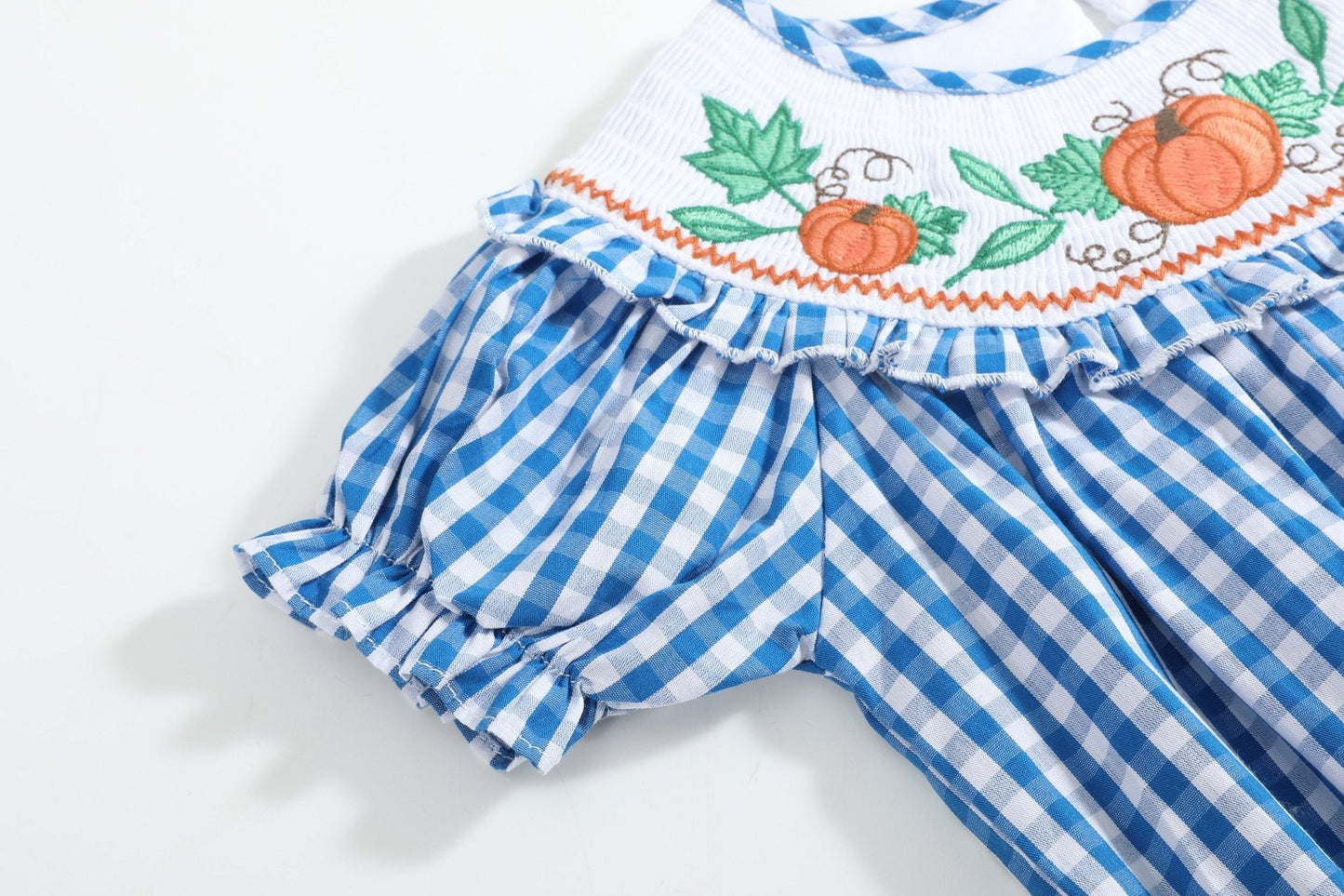 Blue Gingham Pumpkin Smocked Ruffle Romper - Abbies Place