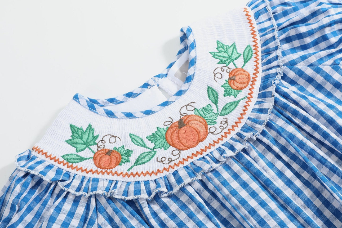 Blue Gingham Pumpkin Smocked Ruffle Romper - Abbies Place