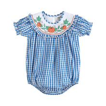 Load image into Gallery viewer, Blue Gingham Pumpkin Smocked Ruffle Romper
