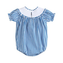 Load image into Gallery viewer, Blue Gingham Pumpkin Smocked Ruffle Romper
