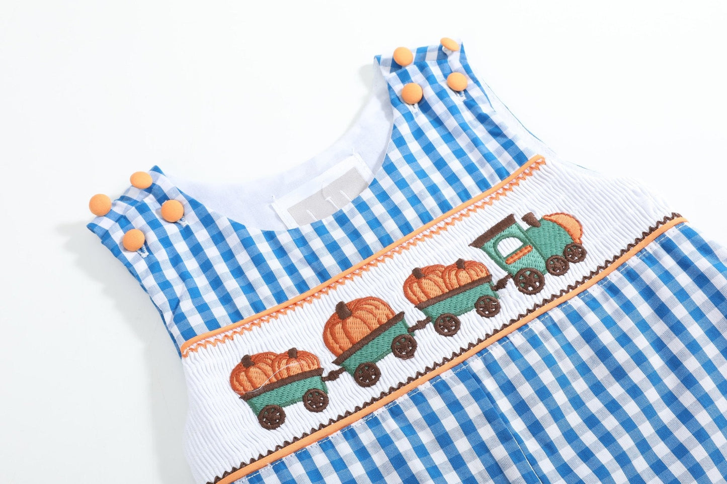 Blue Gingham Pumpkin Train Smocked Overalls - Abbies Place