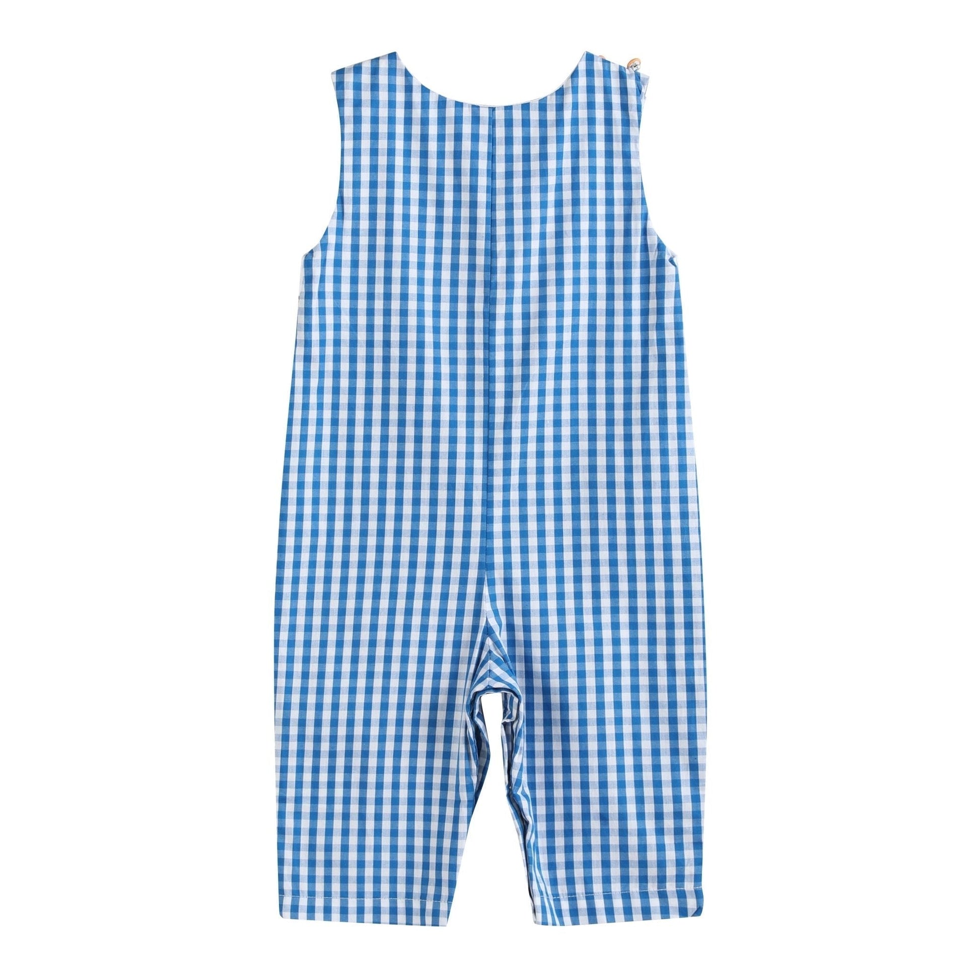 Blue Gingham Pumpkin Train Smocked Overalls - Abbies Place