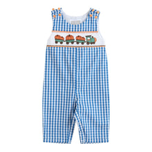 Load image into Gallery viewer, Blue Gingham Pumpkin Train Smocked Overalls
