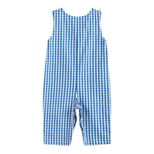 Load image into Gallery viewer, Blue Gingham Pumpkin Train Smocked Overalls
