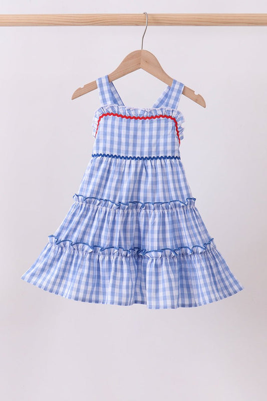 Blue gingham ruffle tiered dress - Abbies Place