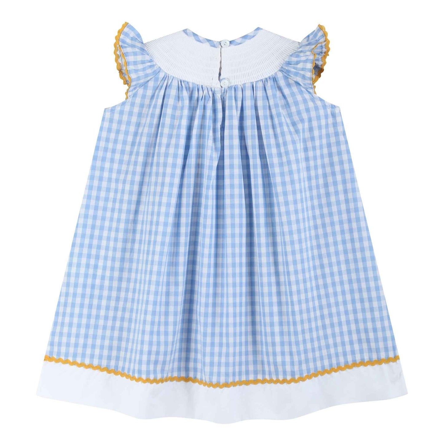 Blue Gingham Sunflower Smocked Bishop Dress - Abbies Place