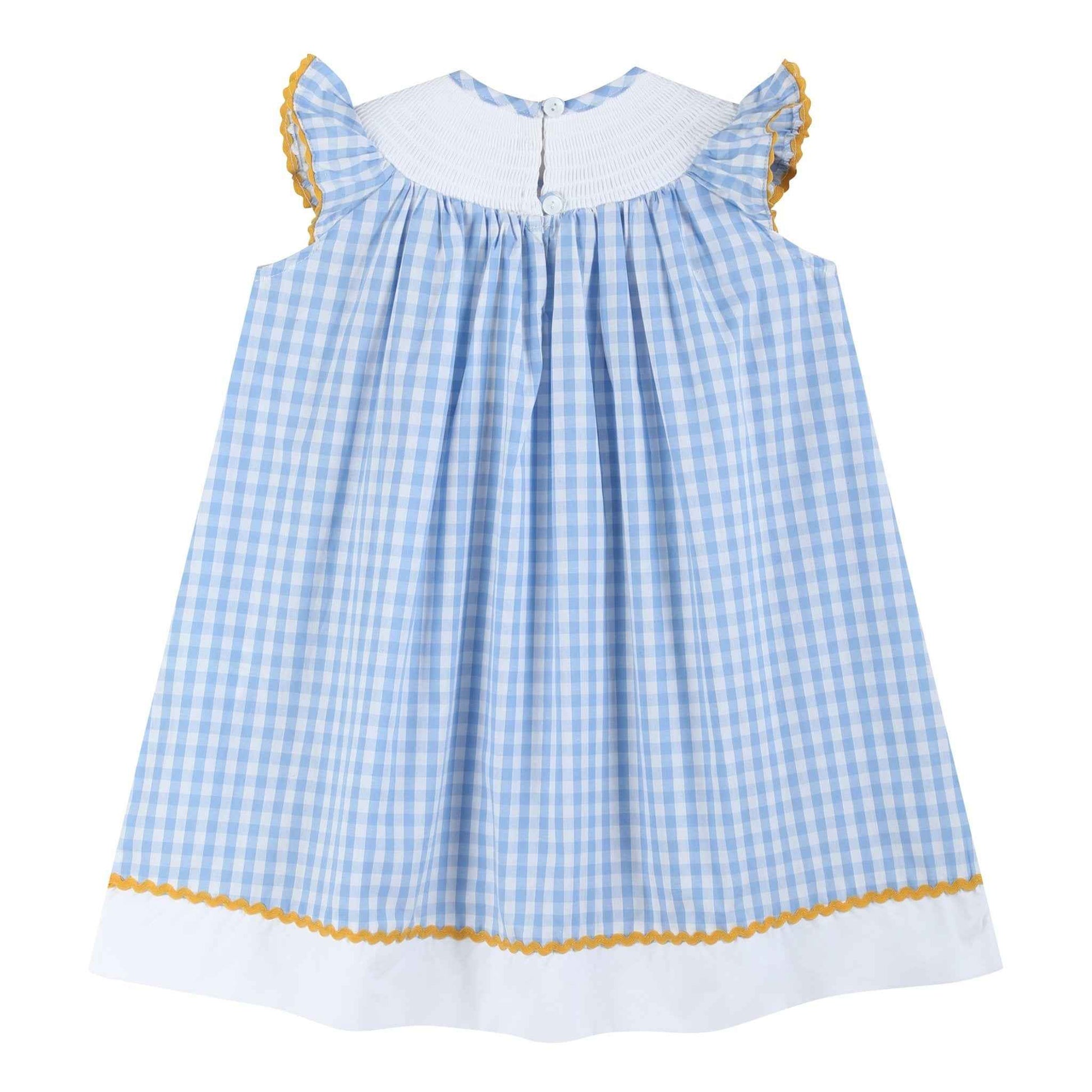 Blue Gingham Sunflower Smocked Bishop Dress - Abbies Place
