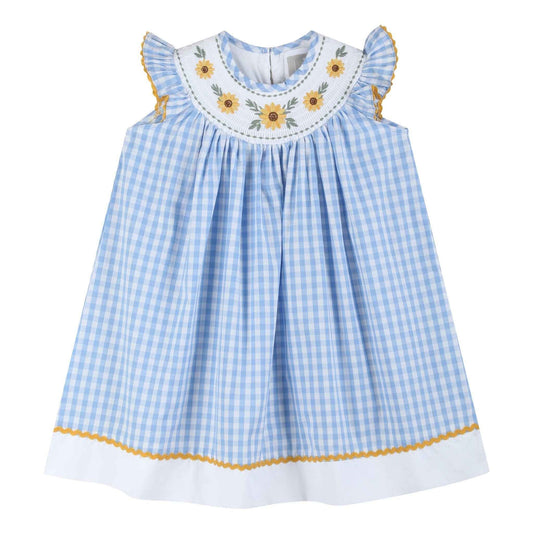 Blue Gingham Sunflower Smocked Bishop Dress - Abbies Place