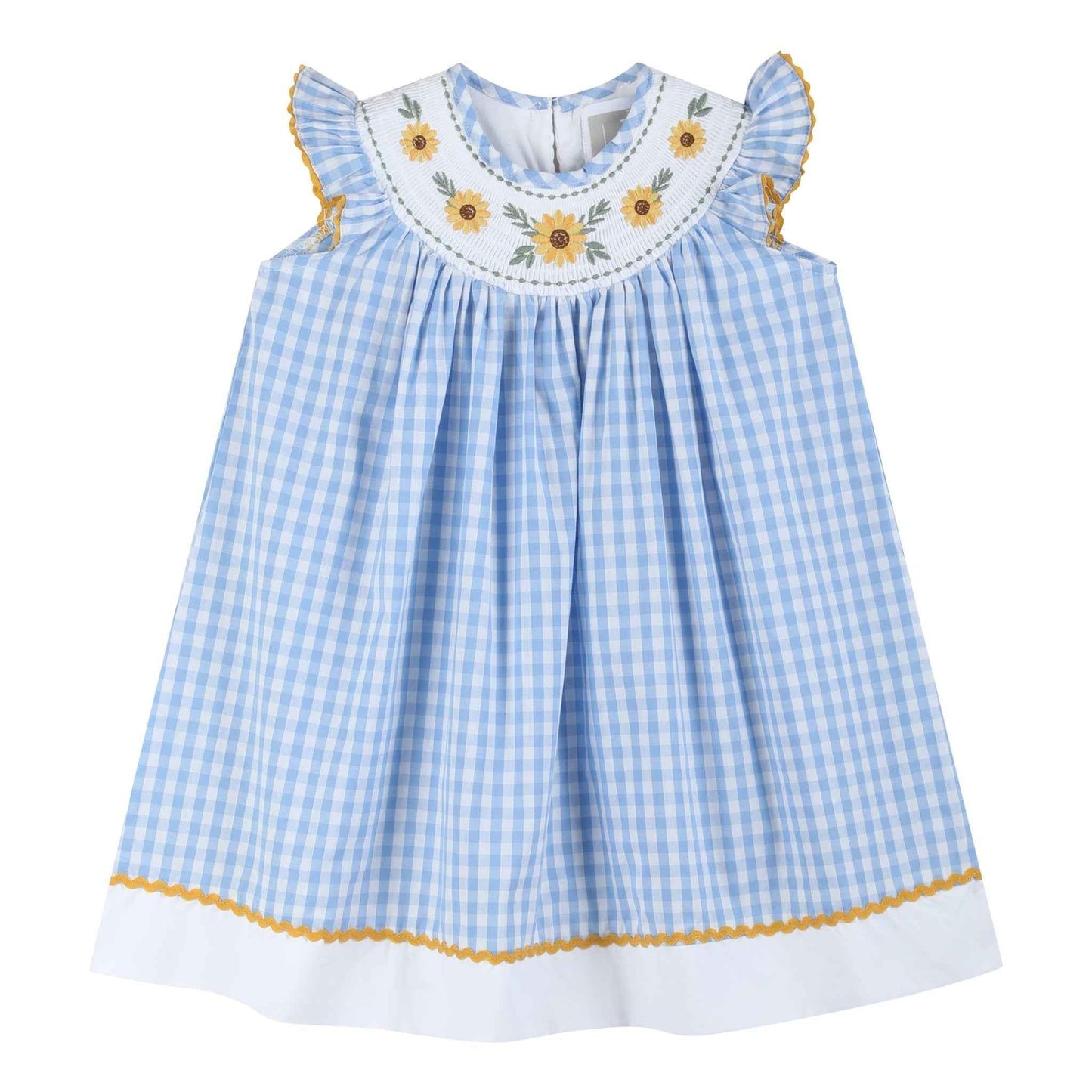 Blue Gingham Sunflower Smocked Bishop Dress - Abbies Place