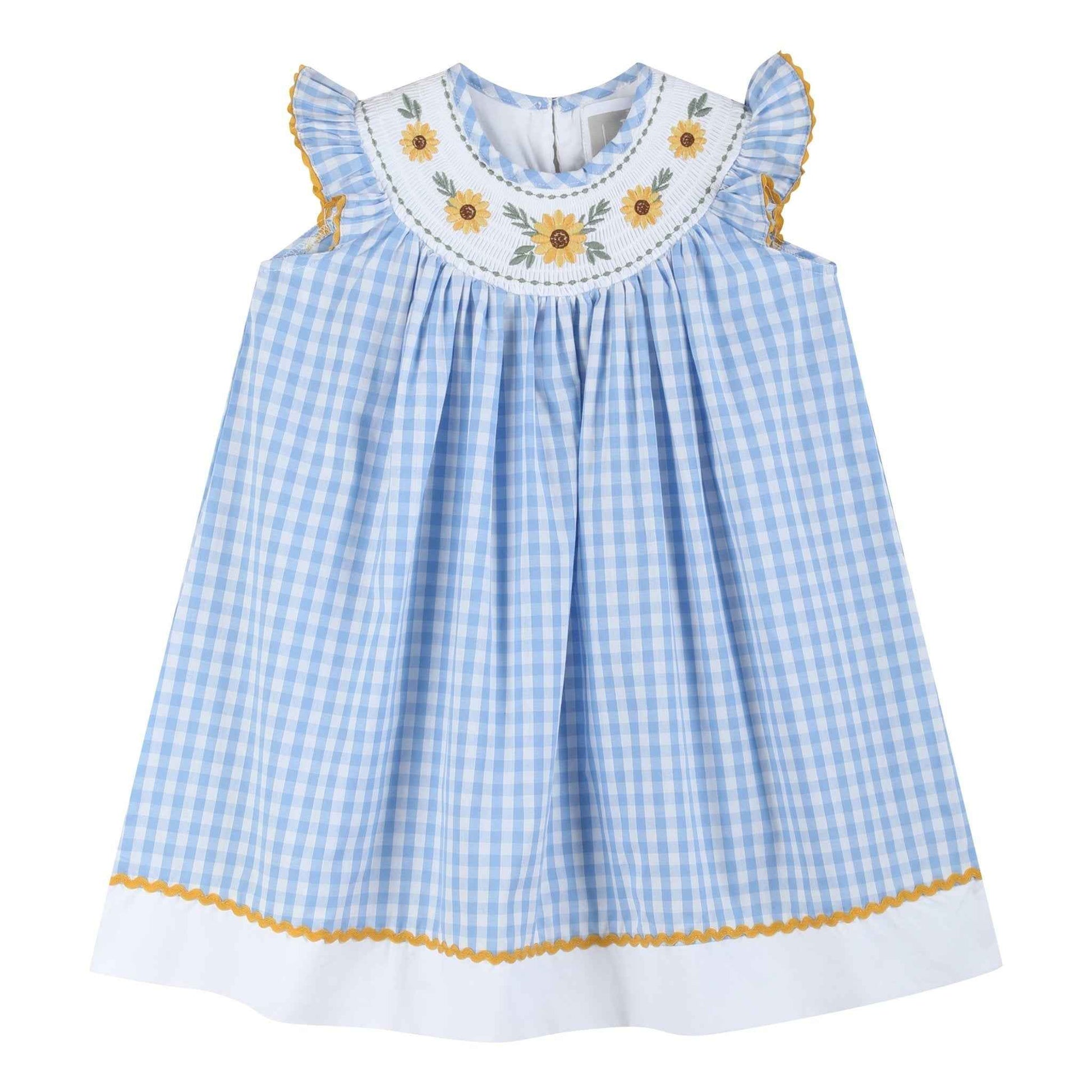 Blue Gingham Sunflower Smocked Bishop Dress - Abbies Place
