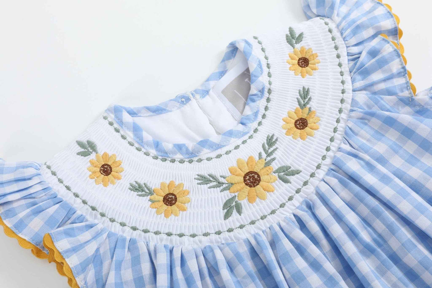 Blue Gingham Sunflower Smocked Bishop Dress - Abbies Place