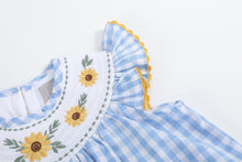 Load image into Gallery viewer, Blue Gingham Sunflower Smocked Bishop Dress
