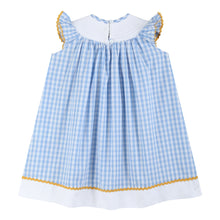Load image into Gallery viewer, Blue Gingham Sunflower Smocked Bishop Dress
