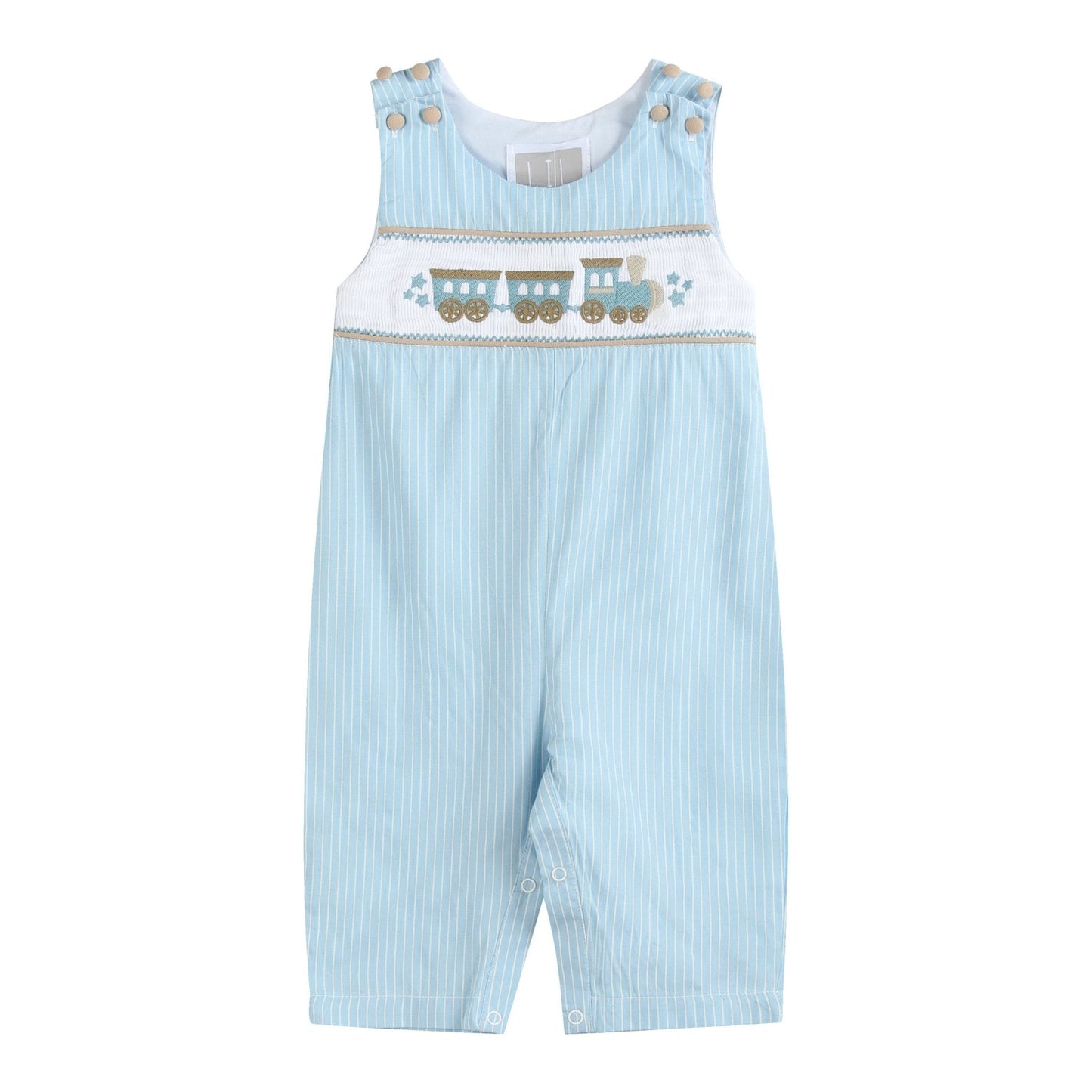 Blue Gingham Train Smocked Overalls - Abbies Place