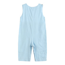 Load image into Gallery viewer, Blue Gingham Train Smocked Overalls
